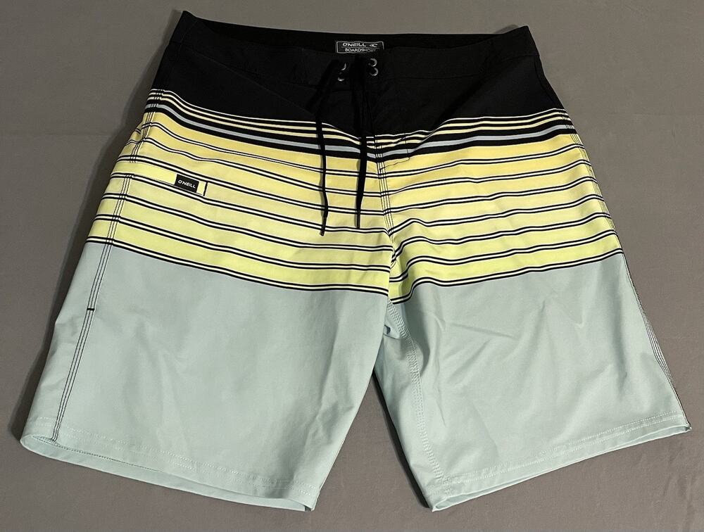 O’Neill Board Shorts Mens 36 Striped Yellow Black Blue Swim Trunks Excellent